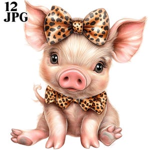 Clipart di maiale, Clipart di maialino, Maiale acquerello, Stampa leopardata, Clipart di fiocco, Clipart di papillon, 12 JPG di alta qualità, Download digitale di Junk Journal