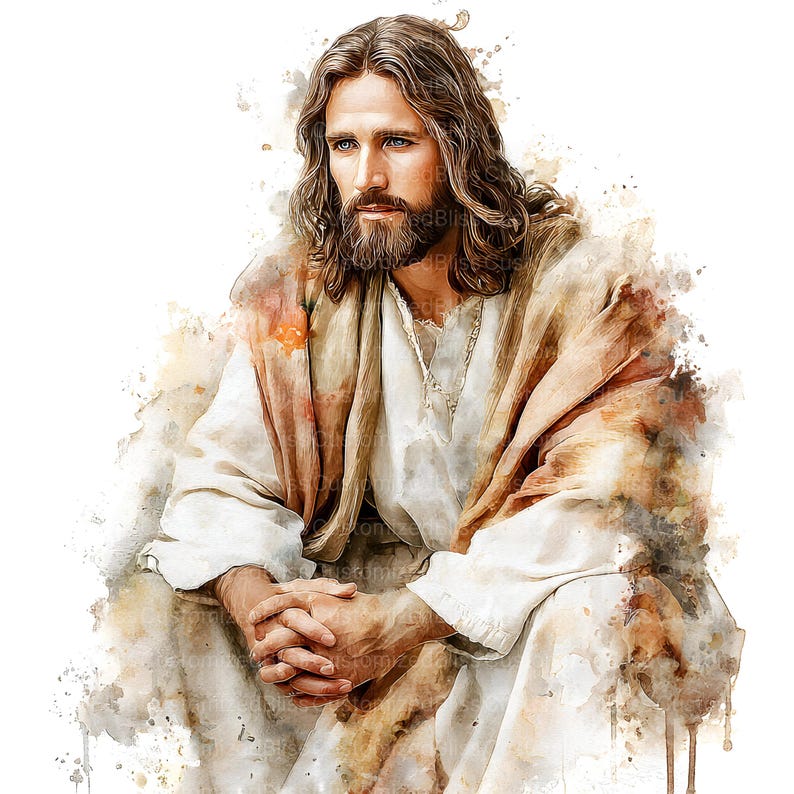 Op de afbeelding: Waterverfportret van een man met lang bruin haar en een baard, gekleed in een witte jurk en een bruine sjaal. De man zit met gevouwen handen en de afbeelding heeft een zacht, artistiek aquareleffect.