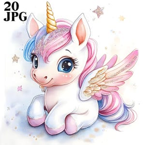 20 Clipart licorne arc-en-ciel, licorne féerique, bébé licorne, JPG de haute qualité, clipart aquarelle, Junk Journal, téléchargement numérique, créations en papier