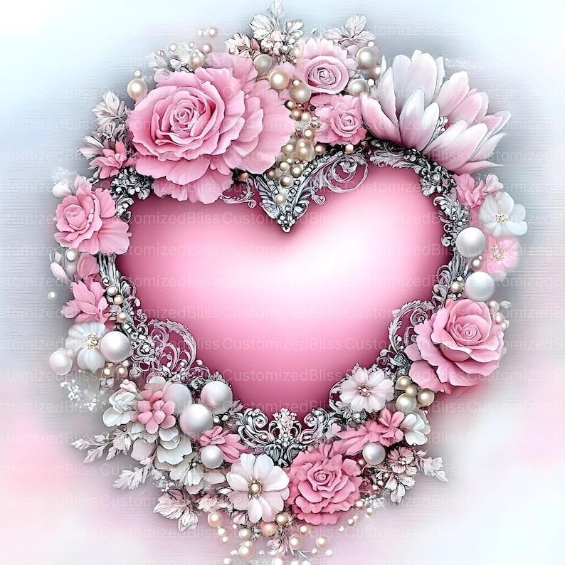 May include: A pink heart surrounded by a wreath of pink and white flowers, pearls, and silver embellishments. The heart is a symbol of love and romance.