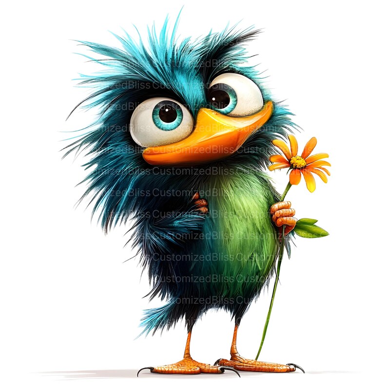 May include: A blue and green cartoon bird with a large orange beak and big blue eyes holds a yellow flower with orange petals. The bird has a fluffy blue and green body and is standing on two legs.