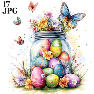 17 Easter Eggs Jar Clipart, Easter Eggs Clipart, Easter Clipart, Easter Graphics, High Quality JPGs, Junk Journal, Digital Download, Craft