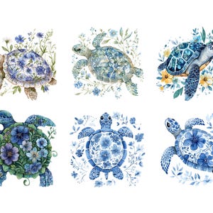 May include: Six watercolor illustrations of sea turtles with blue and white floral patterns. The turtles are surrounded by blue and white flowers.