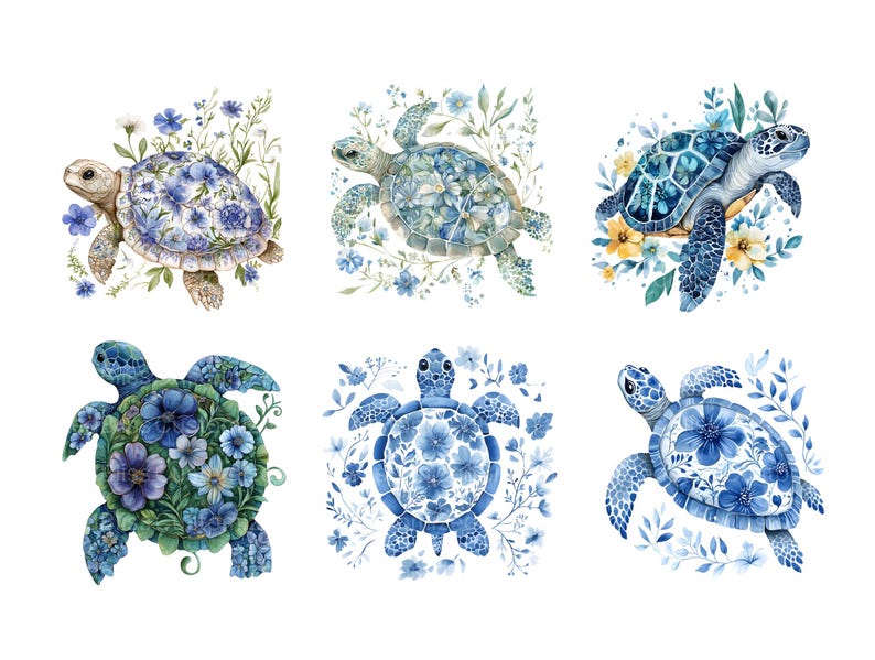May include: Six watercolor illustrations of sea turtles with blue and white floral patterns. The turtles are surrounded by blue and white flowers.