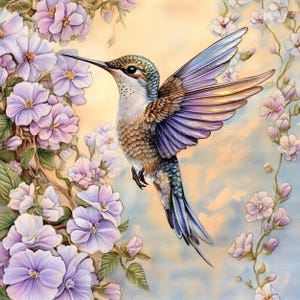 May include: A vibrant hummingbird with iridescent purple and blue wings hovers near a cluster of delicate purple flowers. The background features a soft, pastel sky with wispy clouds.