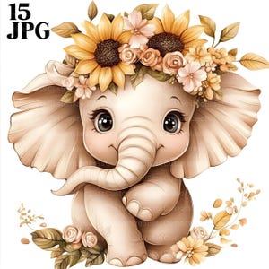 15 Clipart de menina elefante, Clipart de elefante, Elefante fofo, Animal de safári, Clipart de girassol, JPG de alta qualidade, Download digital de diário de lixo