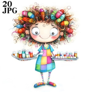 Clipart de enfermeira peculiar, 20 JPGs de aquarela de alta resolução, diário de lixo, scrapbooking, criação de cartões, download digital, caprichoso, clipart médico