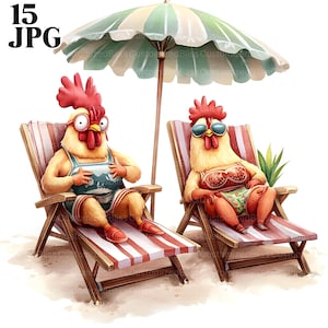 15 Strand Hühner Clipart, Urlaub Hühner, Sommer Hühner, Sommer Clipart, hochwertige JPGs, Junk Journal, digitaler Download, Clip Art