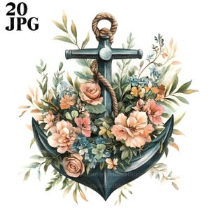 20 Clipart di ancore floreali, vivaio di ancore, clipart nautiche, JPG di alta qualità, clipart di acquerelli, diario di spazzatura, download digitale di carta artigianale