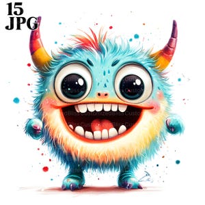 15 lindos monstruos clipart, gráficos de monstruos, criaturas coloridas, guardería de fantasía, adorables monstruos clipart, archivos JPG de alta calidad, uso comercial