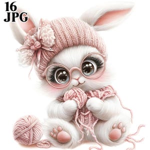 16 Häschen Clipart, Häkeln Clipart, Stricken Clipart, Garn Clipart, Kaninchen Clipart, hochwertigen JPGs, Junk Journal, digitaler Download, Basteln