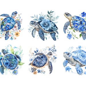 May include: Six watercolor illustrations of blue sea turtles with floral accents. Each turtle is surrounded by blue and yellow flowers, leaves, and vines. The turtles are painted in a realistic style with intricate details.