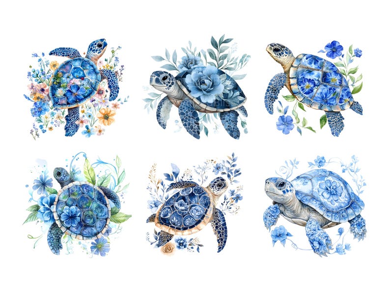 May include: Six watercolor illustrations of blue sea turtles with floral accents. Each turtle is surrounded by blue and yellow flowers, leaves, and vines. The turtles are painted in a realistic style with intricate details.