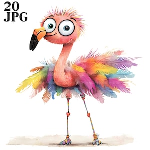 20 Quirky Flamingo Clipart, Whimsical Funny Animal, High Quality JPGs, Watercolor Clipart, Junk Journal, Digital Download, Paper Craft