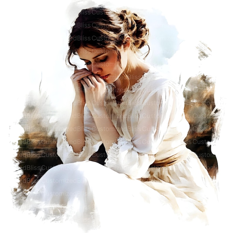May include: A woman in a white dress with lace trim sits with her hands clasped in front of her. She has her head bowed and her eyes closed. The background is a soft watercolor wash of blue and brown.