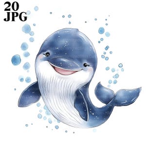 20 imágenes prediseñadas de ballenas bebé, ballena de acuarela, ilustración de ballena, JPG de alta calidad, imágenes prediseñadas de acuarela, descarga digital de diario basura, manualidades de papel