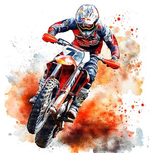 Peut inclure: Illustration &agrave; l'aquarelle d'un pilote de motocross sur une moto rouge et blanche. Le pilote porte un casque et un &eacute;quipement de course. Le fond pr&eacute;sente des &eacute;claboussures d'aquarelle orange et grise, cr&eacute;ant une sc&egrave;ne dynamique.