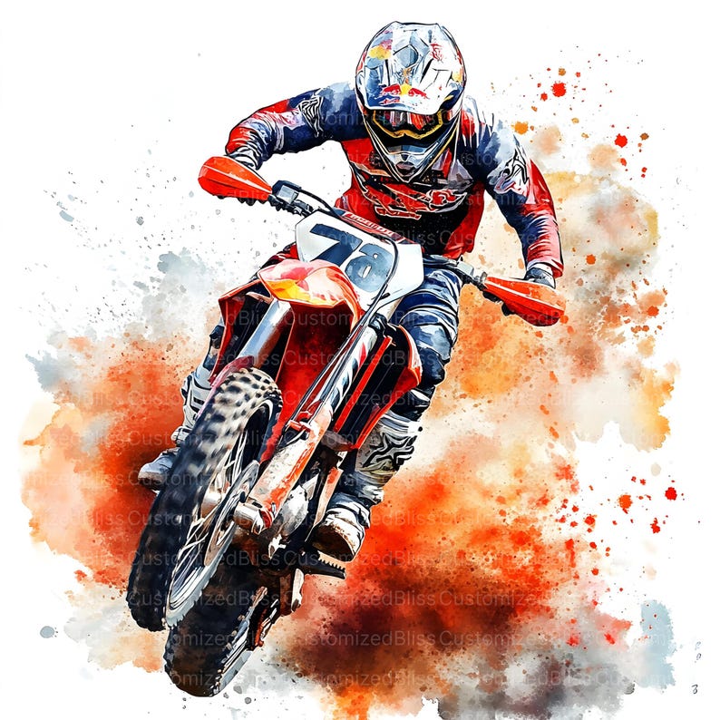 Peut inclure: Illustration &agrave; l'aquarelle d'un pilote de motocross sur une moto rouge et blanche. Le pilote porte un casque et un &eacute;quipement de course. Le fond pr&eacute;sente des &eacute;claboussures d'aquarelle orange et grise, cr&eacute;ant une sc&egrave;ne dynamique.