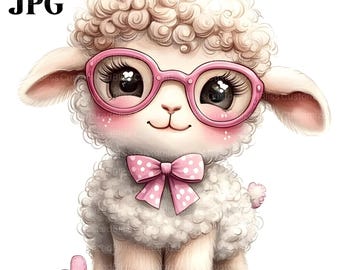 Lamb Clipart, 15 High Quality JPGs, Funny Sheep Glasses Spring Easter Card Making, Baby Shower, Printable Watercolor Clipart, Junk Journal
