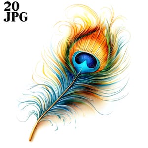Peacock Feather Clipart, 20 High Quality JPGs, Peacock Clipart, Watercolor Clipart, Junk Journal, Digital Download, Paper Craft, Clip Art