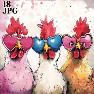 18 cliparts drôles de poulets lunatiques, animal original, JPG de haute qualité, clipart aquarelle, Junk Journal, téléchargement numérique, créations en papier