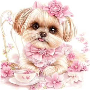 May include: A small, light brown dog with a pink bow and a pink lace collar sits on a bed with pink flowers. The dog is looking at the camera with a happy expression. There is a small teacup and saucer on the bed in front of the dog.