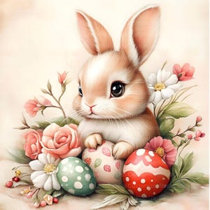 May include: A cute brown bunny rabbit with big eyes sits surrounded by pink and white flowers and colorful Easter eggs.