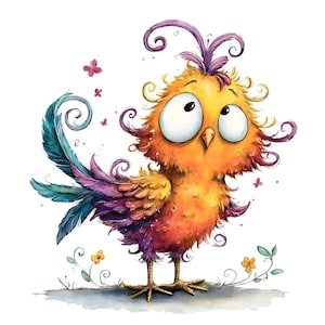 Op de afbeelding: Een kleurrijke illustratie van een kleine vogel met grote, wijd openstaande ogen, een geel en oranje lichaam en een staart met tinten blauw, paars en roze. De vogel heeft krullende veren op zijn kop en is omringd door kleine bloemen en vlinders.