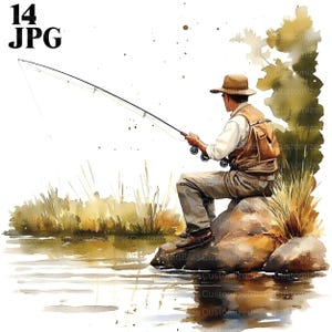 Paquete de imágenes prediseñadas de anciano pescando, 14 archivos JPG de alta calidad, diario basura, creación de tarjetas, imágenes prediseñadas, manualidades de papel, álbumes de recortes, descarga digital