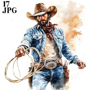 17 imágenes prediseñadas de vaquero, imágenes prediseñadas de vaquero con lazo, imágenes prediseñadas de acuarela, archivos JPG de alta calidad, descarga digital, diario basura, manualidades de papel, imágenes prediseñadas