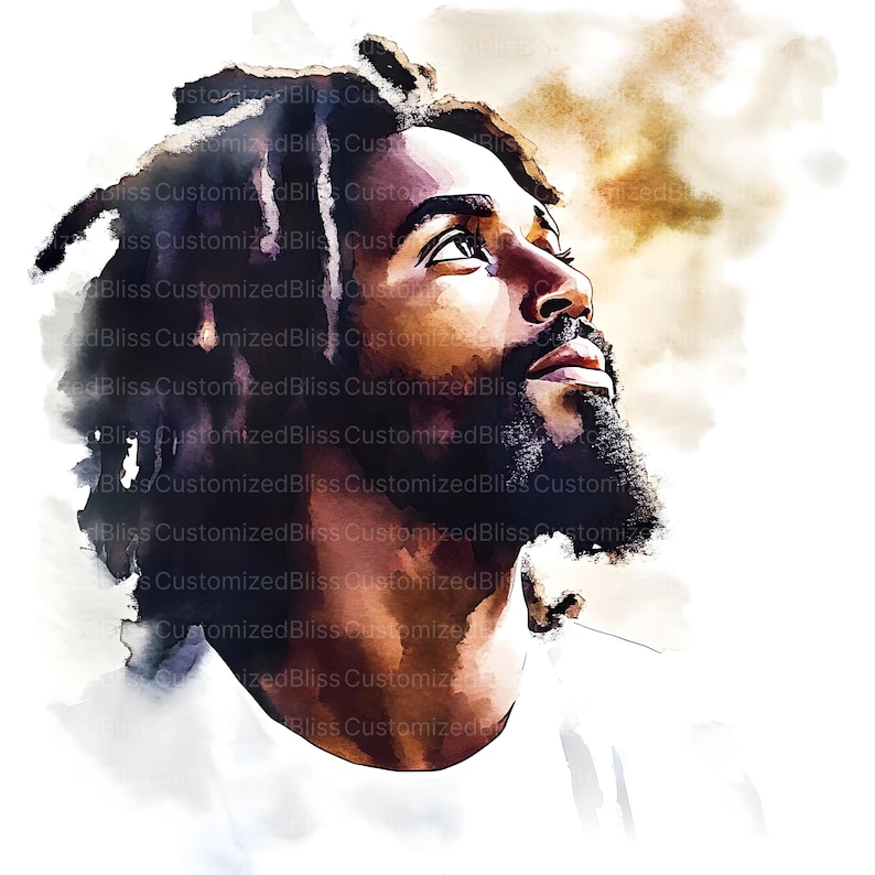 May include: Watercolor portrait of a man with dark skin, looking upwards. He has a full beard and dreadlocks. The background is a blend of white and gold tones, creating a soft, ethereal effect.