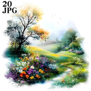 20 Frühling Landschaft Clipart, Frühling Clipart, Natur Clipart, hochwertige JPGs, Aquarell Clipart, Junk Journal, digitaler Download, Basteln