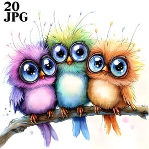20 pájaros coloridos en una rama, imágenes prediseñadas de pájaros adorables, archivos JPG de alta calidad, imágenes prediseñadas de acuarela, diario basura, descarga digital, manualidades de papel