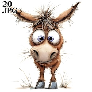 Whimsical Messy Donkey Clipart, 20 High Res Watercolor JPGs Junk Journaling, Scrapbooking, Card Making, Digital Download, Whimsy, Quirky