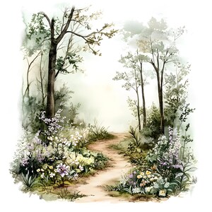 May include: A watercolor painting of a winding path through a forest. The path is lined with trees and wildflowers in shades of purple, white, and green. The background is a soft, hazy green.