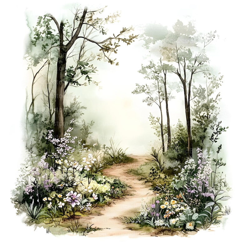 May include: A watercolor painting of a winding path through a forest. The path is lined with trees and wildflowers in shades of purple, white, and green. The background is a soft, hazy green.