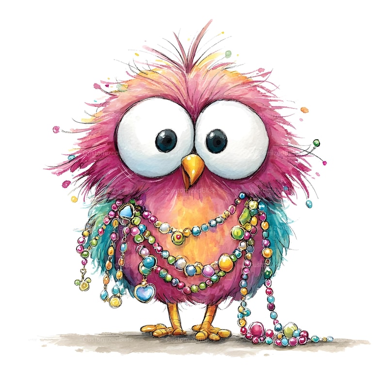 Op de afbeelding: Een pluizige, ronde vogel met levendige roze en oranje veren, grote witte ogen en een gele snavel. De vogel is versierd met meerdere strengen kleurrijke kralenkettingen in diverse vormen, waaronder hartjes en bollen, die om het lichaam hangen.