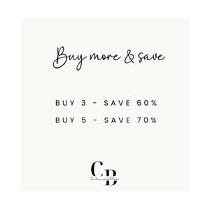 May include: Buy more and save on items. Buy 3, save 60%. Buy 5, save 70%. Customized Bless.