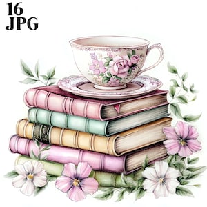 16 Tea and Book Clipart, Books and Cup of Tea Clipart, High Quality JPGs, Watercolor Clipart, Junk Journal, Digital Download, Paper Craft