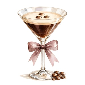 Może przedstawiać: Akwarelowa ilustracja espresso martini w klasycznym kieliszku, udekorowana trzema ziarnami kawy. Fioletowa kokarda zdobi nóżkę. Rozrzucone ziarna kawy u podstawy. Napój ma kremową górną warstwę i ciemnobrązową bazę.