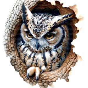 May include: A brown and gray owl with yellow eyes peeks out from a tree trunk. The owl's feathers are detailed and realistic, and its talons are visible.