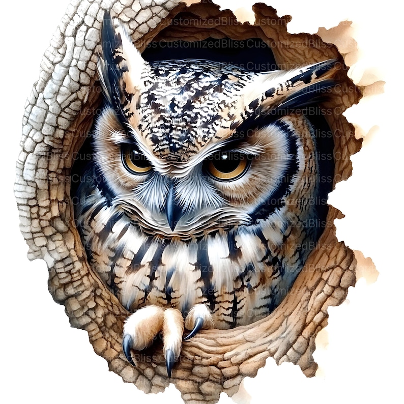 May include: A brown and gray owl with yellow eyes peeks out from a tree trunk. The owl's feathers are detailed and realistic, and its talons are visible.