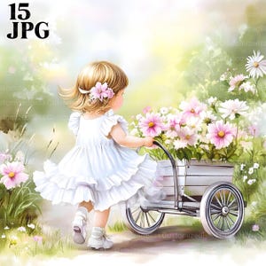 Clipart fille avec une fleur, livraison de fleurs, jolie fille robe, JPG des cliparts aquarelle, journal indésirable, créations en papier, téléchargement numérique