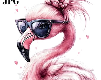 Flamingo Clipart, Funny Bird Clipart, Pink Clipart, 14 High Quality JPGs, Watercolor Clipart, Junk Journal, Digital Download, Paper Craft