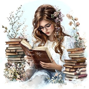 May include: Watercolor illustration of a person reading a book, surrounded by stacks of books and floral accents. The person wears glasses and has flowers in their hair. The overall color palette is soft and pastel.