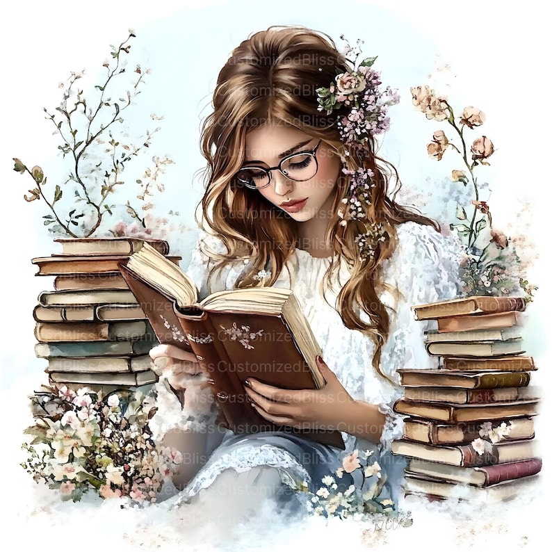 May include: Watercolor illustration of a person reading a book, surrounded by stacks of books and floral accents. The person wears glasses and has flowers in their hair. The overall color palette is soft and pastel.