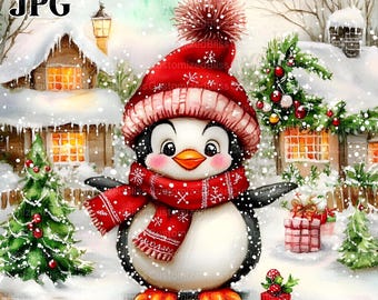 Könnte beinhalten: Ein Cartoon-Pinguin mit roter und weißer Mütze und Schal steht in einer verschneiten Winterlandschaft. Der Pinguin ist umgeben von schneebedeckten Häusern und Weihnachtsbäumen.