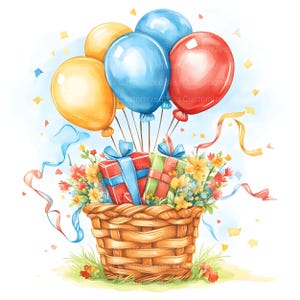 Puede incluir: Una cesta de mimbre llena de regalos envueltos de colores y flores, atados con cintas, es levantada por un grupo de globos en tonos azules, amarillos y rojos. Los globos flotan sobre un fondo azul claro con confeti.