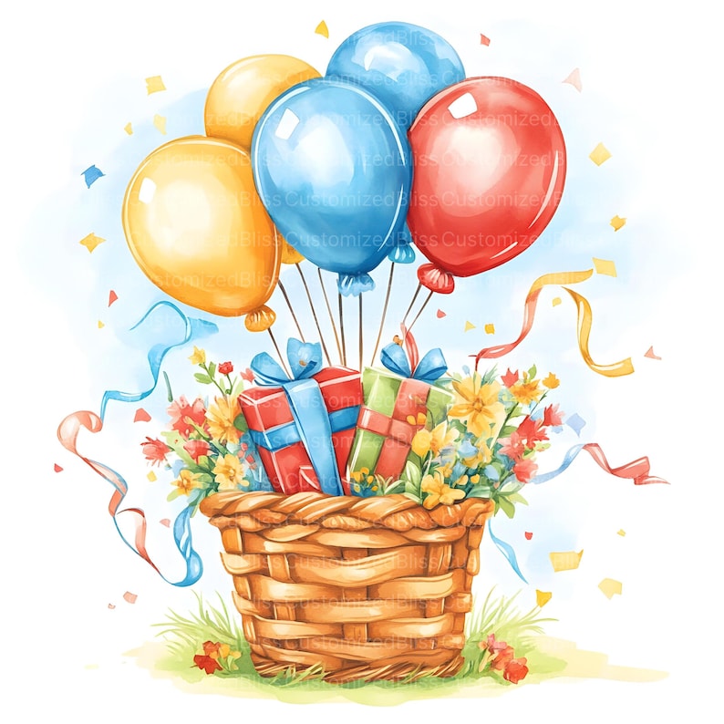 Puede incluir: Una cesta de mimbre llena de regalos envueltos de colores y flores, atados con cintas, es levantada por un grupo de globos en tonos azules, amarillos y rojos. Los globos flotan sobre un fondo azul claro con confeti.