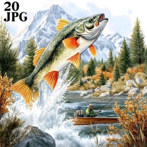 20 Wildlife Clipart, Bass Fishing Clipart, Bass Clipart, Hunt and Fish, High Quality JPG, Watercolor Clipart, Junk Journal, Digital Download